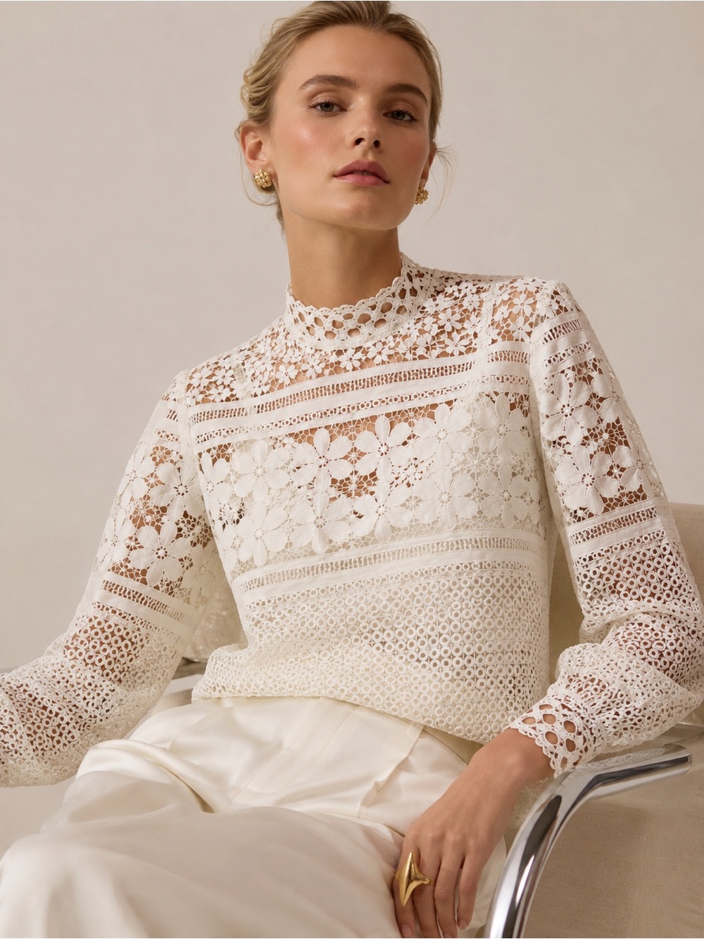 Maje Floral Guipure Lace Ecru Long Sleeve Top